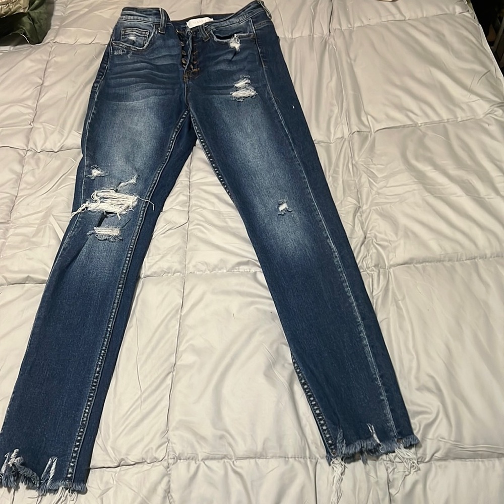 high rise waist, slight distressed  slim straight leg flattering ankle length